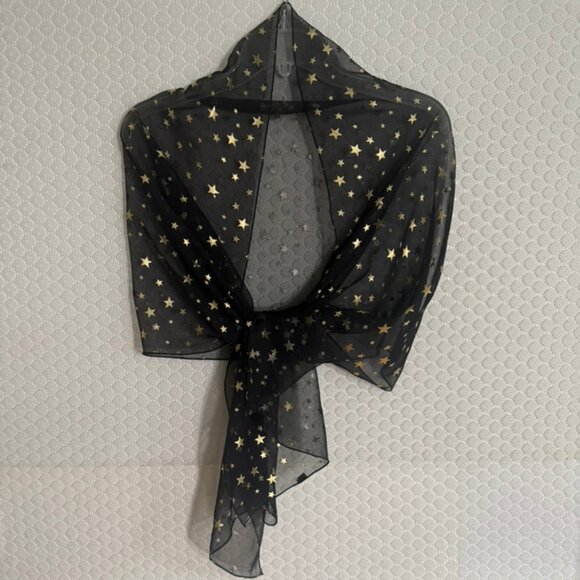 Vtg Sheer Black with Gold Stars Oblong Scarf -20" x 68" - Picture 3 of 6